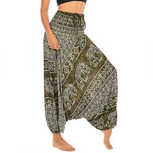 Nuofengkudu Femme Hippie Sarouel Combinaison Pantalon Jumpsuit Taille Haute Large Boheme Fleuri Imprimé Leger Grande Thai Yoga Pants Coloré Ete Plage(S-Éléphant Vert Foncé,Taille Unique) (better Life, neuf)