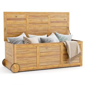COSTWAY Coffre de Rangement en Bois d’Acacia 182L avec Charnière en Métal, Banc de Rangement Extérieur à Roulettes Charge 150KG pour Terrasse Jardin Patio 127 x 50 x 45 cm, Naturel (FDS GmbH, neuf)