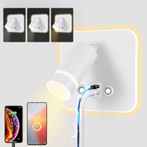 HUIZHOU lampe de lecture murale LED applique tactile 3 température de couleur 12W port de charge USB 350 ° lit pivotant lampe de lecture salon chambre à coucher (Carré Blanc) (HUIZHOU, neuf)