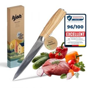kjøk Premium Couteau de cuisine petit professionnel lame de 13cm avec étui et manche en bois d'olivier, dureté 58±2 HRC style couteau japonais damas - couteaux d’office tranchant pour légumes (A & B GmbH, neuf)
