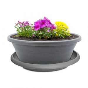 Pot de fleurs et soucoupe r&eacute;sistant aux intemp&eacute;ries avec trou - Grand pot de fleurs rond de 35 cm - Gris - R&eacute;sistant au gel pour l'ext&eacute;rieur - Pot de fleurs pour tombe (matches21 HOME & HOBBY, neuf)