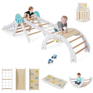 GOPLUS 9 en 1 Triangle Escalade Montesorri pour Enfants 1 Ans+, Parcours Montesorri Bebe Bois Pliable avec Arche, Rampe, Corde&&Eacute;chelle, Pont, Aire de Jeux Int&eacute;rieur (Astre|9 en 1,Blanc) (Augenstern24, neuf)