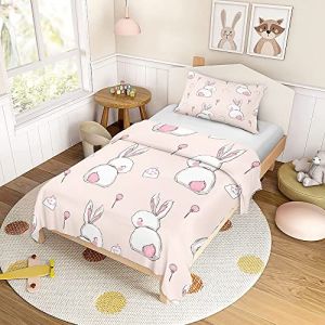 ENEN Parure de Lit 90x190 Enfant, Housse de Couette 90x190 cm + Taie d'oreiller 40x 60 cm, Doux Ensemble de Literie en Microfibre Rose Dessins Animés Lapin Housse Couette (Lukery, neuf)