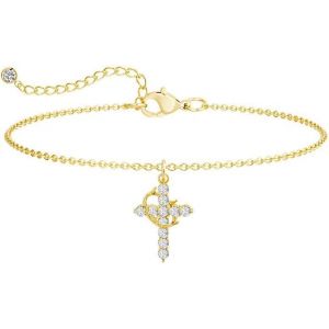 FDEETY Or 18K Mini Bracelet Croix Cha&icirc;ne en Acier Inoxydable Cuivre Avec Zirconium Respectueux de l'Environnement Cuivre Micro Zirconia Bracelet Croix Cadeau Recommand&eacute; Tr&egrave;s Low Profile (ZENITH SHOP, neuf)