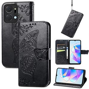 JIUNINE Coque pour Honor X7a, Antichoc Housse étui en Cuir PU Flip Case Portefeuille à Rabat avec Motif Papillon [Porte Carte] [Fermeture Magnétique] pour Honor X7a, Noir (JIUSEN EU Store, neuf)
