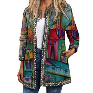 SYDUZAX Vestes Vintage Femme Style Ethnique Manteau Chic Imprimé Floral Grande Taille Bohème Casual Cardigan Long Doux Outwear Rétro Veste Femme Automne Hiver Vêtements Col Manteau Manches Longues (Vnvf-Hnek, neuf)