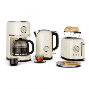 Klarstein Victoria Set Petit-D&eacute;jeuner Complet &ndash; Grille-Pain 2 Fentes 7 Niveaux, Bouilloire &Eacute;lectrique 1,7L, Cafeti&egrave;re Filtre 12 Tasses, Design R&eacute;tro, Support &agrave; Petits Pains, Cream (Klarstein France, neuf)