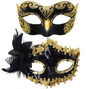 YskerrigToy Masques de Bal Masqu&eacute;, 2PCS Masque V&eacute;nitien Halloween Masques de Mascarade Hommes Femmes Masque de Bal Sexy D&eacute;guisements pour Carnaval Halloween Soiree Masquee(Or) (luqiangfushi, neuf)