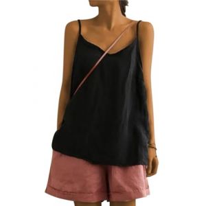 Onsoyours Tee Shirt sans Manches Femme Col en V D&eacute;bardeur Haut Coton Lin Blouse Tunique Casual Couleur Unie Hauts Sexy Mode L&acirc;che Respirant Chemise Top A Noir XXL (Dear Shall Good Inc., neuf)