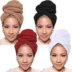 XTREND Lot de 4 turbans en jersey extensible pour tête en tricot pour cheveux urbains couleur unie respirant ultra doux extra long bandeau pour femme (Camel, vin rouge, noir, blanc) (XtrendHair, neuf)