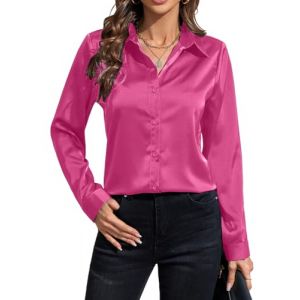 IBAOTORONI Chemises boutonn&eacute;es en satin pour femme : chemisier &agrave; manches longues en soie &agrave; col classique boutonn&eacute; haut de travail d&eacute;contract&eacute;, rose rouge, Taille S (欧盟商店百货制造商, neuf)