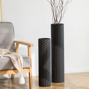Sziqiqi Grand Vase &agrave; Poser au Sol: Set de 2 Vases M&eacute;talliques 70/55 cm Haut Noir pour Salon Moderne - Texture Nid d'Abeille pour Pampas, Coin de Chambre, Chemin&eacute;e (Loyal Puppy, neuf)