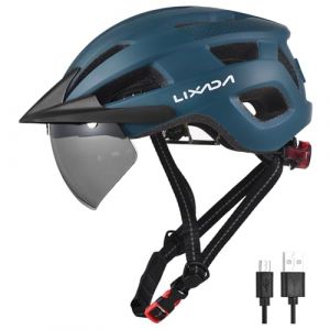 Lixada Casque de vélo,Casque Vélo VTT,Unisexe Casque avec Pare-Brise et Pare-Soleil, feu arrière Rechargeable, Casque de vélo réglable pour la sécurité et la Protection (Diarru, neuf)