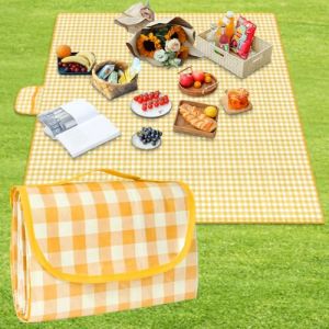 AYBUY Couverture de Pique-Nique,Portable Tapis de Couverture de Pique-Nique avec poignée de Transport et léger,Pliable Couverture de Pique-Nique Pliable 150 x 200 cm,Plaid Jaune et Blanc (withchance, neuf)