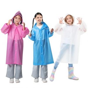 KASURE 3 Pi&egrave;ces Poncho Pluie Enfant, EVA R&eacute;utilisable Poncho Pluie Imperm&eacute;able, Enfant Capuchon V&ecirc;tements de Pluie, Poncho Pluie pour Gar&ccedil;ons Filles, pour Velo Randonn&eacute;e Bivouac Camping (Kuidii, neuf)