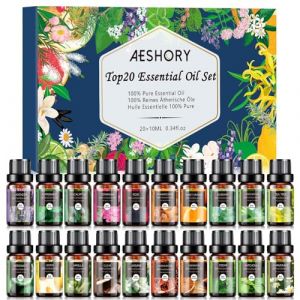 AESHORY Kit Huiles Essentielles 20 x 10ml, Huile Essentielle pour Diffuseur 100% Pures & Naturelle Bio, Aromathérapie pour Sauna, SPA, Massage, Bain, Idéal Huiles Essentielles Coffret Cadeau pour Fête (MEDSW-EU, neuf)