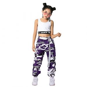 LOLANTA Ensemble de 2 pi&egrave;ces pour Filles Hip Hop Street Dance Solo, D&eacute;bardeur Court + Pantalon de Jogging Camouflage, Violet, 170 (LOLANTA, neuf)