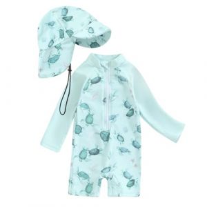 Maillot de Bain Enfant Bébé Garçon de 2 Pièces Anti-UV, Combinaison Zippé à Manches Longues Imprimé + Chapeau à Large Bord Maillot de Bain Bébé Garçon Maillots de Bain Fille (PINTUTU SEXY, neuf)