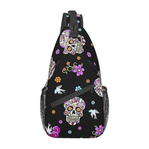 Sac banane pour homme et femme avec motif fleur de sucre et tête de mort - Ceinture réglable - Sac de poitrine décontracté pour voyage, sport, course à pied, randonnée, Noir , Taille unique (liugenxiaodian, neuf)