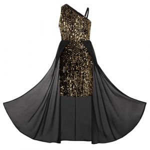 GRACE KARIN Robe &agrave; Paillettes pour Filles Asym&eacute;trique sans Manches et Une &eacute;paule A-Ligne Robe de Princesse Or sur Noir 7 Ans (Zexxxy, neuf)