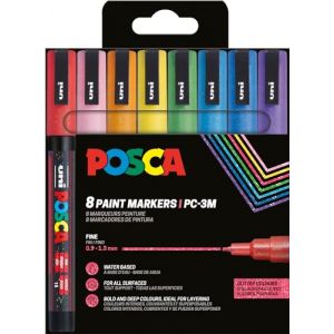 POSCA Mitsubishi Pencil - Pochette 8 Marqueurs PC3M - Pointe Fine - Peinture à Base d'Eau - Tout Support - Couleurs Paillette (proximania, neuf)