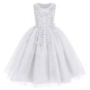 IWEMKE Enfants Filles Robe Mariage Tulle Dentelle Robe Princesse Longue Fleur Brod&eacute;e Soir&eacute;e Demoiselle d'honneur Robe Tutu sans Manches pour Pageant Bapt&ecirc;me F&ecirc;te Anniversaire Carnaval Blanc 4-5 Ans (IWEMEK, neuf)
