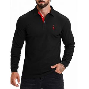 KUNJLELP Mode Polo pour Homme Manches Longues Broderie Girafe T-Shirt Slim Coton Polo de Travail Golf Rugby M-3XL,A-Noir,3XL (Chuanghui-EU, neuf)