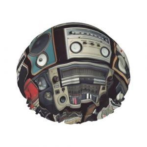 Bonnet de douche réutilisable pour homme et femme - Grand bonnet de douche imperméable et lavable - Style vintage - Motif mur de radio - Bande élastique double couche pour cheveux longs, tresses (zuobaihuo, neuf)