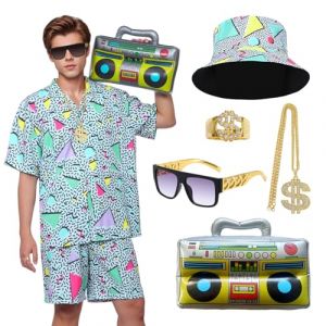 Antsparty Déguisement Année 80 Homme Femme, Costume Annee 80 Rétro Manches Courtes et Shorts avec Le Chapeau Accessoires Disco, Costume Années 80 Survêtement Carnaval Disco Soirée (FaceLove, neuf)