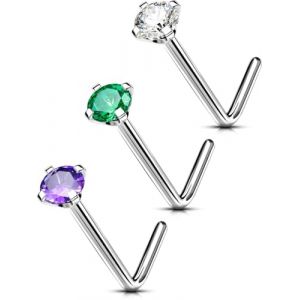 OUFER 20G 3PCS Piercing Nez Titane G23 Percing Au Nez Clair/Vert/Violet CZ Piercing Nez en L Piercing Nez Anneaux 6 mm Bijoux de Piercing Corporel Nose Stud (OUFER INC, neuf)