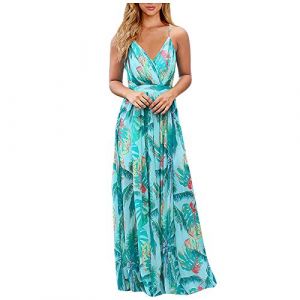 G&eacute;n&eacute;rique Robe Longue Femme Ete Boheme Chic Robe de Plage Boh&eacute;mien Bretelles Spaghetti Sexy Col en V Dos Nu Robes Bretelles Fines Trapeze Legere Fluide, Vert Menthe Vert, M (Zawalud, neuf)