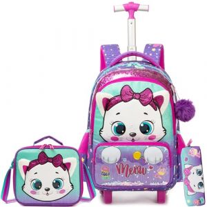 HTgroce Cartable a Roulette Fille Chats Sac Dos roulettes Fille Primaire Scolaire cp,ce1,ce2 (Lldaily EUR, neuf)