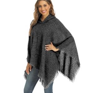 crazy bean Poncho Femme Hiver avec Franges Chaud Pull Chale avec Capuche Poncho Cape Tricot&eacute; Douce Cachemire d'Imitation Automne Noir (Acozyu, neuf)