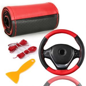 Housse de Volant en Cuir V&eacute;ritable, Couture &agrave; la Main Respirant de Vachette, Universel Couvre Volant de Bricolage de 37 &agrave; 39 cm (Noir Rouge) (ShunYiTong, neuf)