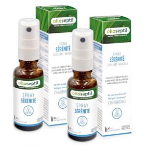OLIOSEPTIL - Spray S&eacute;r&eacute;nit&eacute; - Rhodiola, Lavande, M&eacute;lisse, Aub&eacute;pine & hydrolat de fleur d'Oranger - Vitamines B6 & B12 - Aide &agrave; r&eacute;duire le stress et la fatigue nerveuse - Spray buccal - Lot de 2 (Parabio Sant&eacute;, neuf)