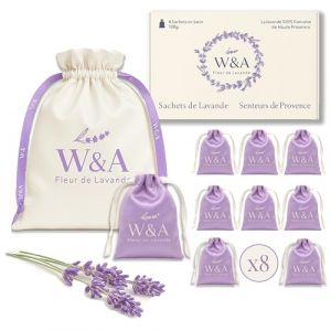 Sachets de Lavande Premium en Satin (8 pcs) | Lavande Naturelle de Provence | Anti-Mites & D&eacute;sodorisant d&rsquo;Armoire | Coffret Cadeau &Eacute;l&eacute;gant avec Pochette R&eacute;utilisable &ndash; 120g (Violet & Blanc) (W&A Boutique, neuf)