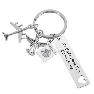 Nogeqi Porte-clés personnalisé - Bon cadeau de voyage - Porte-bonheur - Voyage du monde - Porte-clés ange gardien - Avec pendentif d'avion - Pour homme ou femme, acier (railing, neuf)