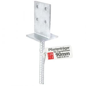 Support de poteau 90 x 90 x 130 mm Galvanis&eacute; &agrave; chaud &ndash; 1 pi&egrave;ce &ndash; socle d'ancrage en b&eacute;ton &ndash; Pour poteaux de cl&ocirc;ture &ndash; Acier &eacute;pais de 8 mm &ndash; Ancrage en b&eacute;ton de 200 mm (LUN FIX, neuf)