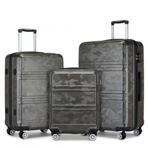 Kono Set de 3 Valises Rigide Bagage Cabine + Valise Moyenne 65cm + Valise Grande 74cm avec 4 roulettes et Serrure TSA, Gris/Camouflage (DL-accessories, neuf)