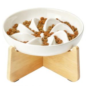 PETTOM Gamelle Anti Glouton Chat Ceramique avec Bambou Support, Gamelle Chat Sur&eacute;lev&eacute;e Anti Glouton (Blanc-gamelle avec Support) (Pettomall, neuf)