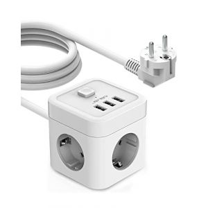 JSVER Multiprise Cube avec USB, Bloc Multiprise 3 Prises avec 3 Ports USB Chargeur (3680W 16A) Prise Multiple avec Interrupteur Cable 3m pour la Maison, Le Bureau-Blanc (JsverDirect, neuf)