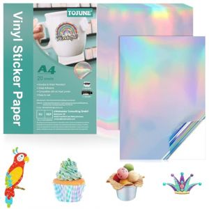 TOJUNE Papier Vinyl Autocollant Imprimable pour Imprimante À Jet D'encre et Laser, A4-21x29.7 cm, Imperméable, Découpe Arbitraire, Support Adhésif (20 Feuilles) (Laser Couleur) (TOJUNE EU, neuf)