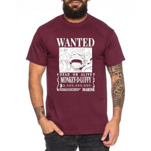Wanted Luffy - T-Shirt Homme Chapeau de Paille Luffy Zoro One Monkey D. Pirate Ace Piece Goku Anime Ruffy, Taille:S, Couleur:Bourgogne (TeeKiki, neuf)