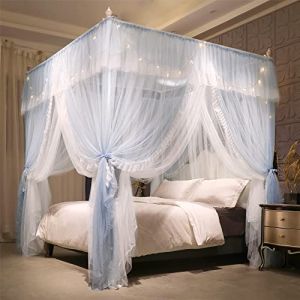HUOQOU Baldaquin Princesse avec Volants Ciel de Lit Rectangulaire à 4 Ouvertures Moustiquaire Double Couche pour Chambre de Fille Décoration Romantique Doux et Respirant(Gris/Blanc,1W x2l x 2,1H (m)) (blingbling textile, neuf)