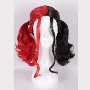 LINLINCD Perruque de cosplay Harleen Quinzel - 45 cm - Noir, rouge, rose, bleu, ombré, cheveux synthétiques - Costume d'Halloween - Longue perruque ondulée - Noir et rouge (qiu lai shan mao hang, neuf)