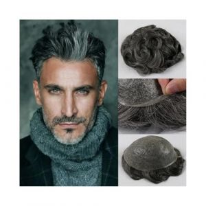 Perruques pour hommes r&eacute;alistes Hommes toupet Remy cheveux humains pi&egrave;ces V boucle 0.08mm peau PU Base proth&egrave;se m&acirc;le perruque syst&egrave;me de remplacement for hommes Morceau de cheveux pour hommes(Beige Bl (LIUXIANJU, neuf)