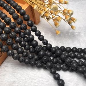HERZONE Lot de 6 brins de perles de lave noire en pierre volcanique naturelle de 8 mm avec trou (8 mm) (ZHIJIE UK, neuf)