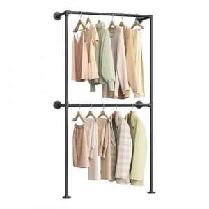 WOLTU Porte-Manteau Mural Industriel, Penderie Murale, Portant à Vêtements Mural en Forme de Tuyau d'Eau avec 2 Tringles pour Suspendre les Vêtements, Métal, Noir, 102,5x36,5x187cm (WOLTU GmbH, neuf)