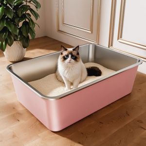 Bac Litiere pour Chat en INOX, Bac &agrave; Liti&egrave;re pour Grands Chats, Chatons et Lapins, Caisse Chat Litiere XXL, Litiere Toilette pour Maine Coon, Anti-Adh&eacute;rent, Anti-Odeurs (Rose, 60 * 40 * 20cm) (ICOYEA, neuf)