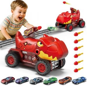 BunnyJOY Camion Enfant Garçon 3-5 Ans, Voiture Dinosaure avec 6 Voitures Métalliques et 6 Missiles, Piste Extensible, Jouet Garcon Idée Cadeau 4 5 6 7 8 Ans,Rouge (quanxun-E, neuf)